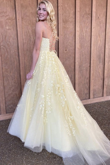 Yellow lace long prom dress A line evening dress HZ1023